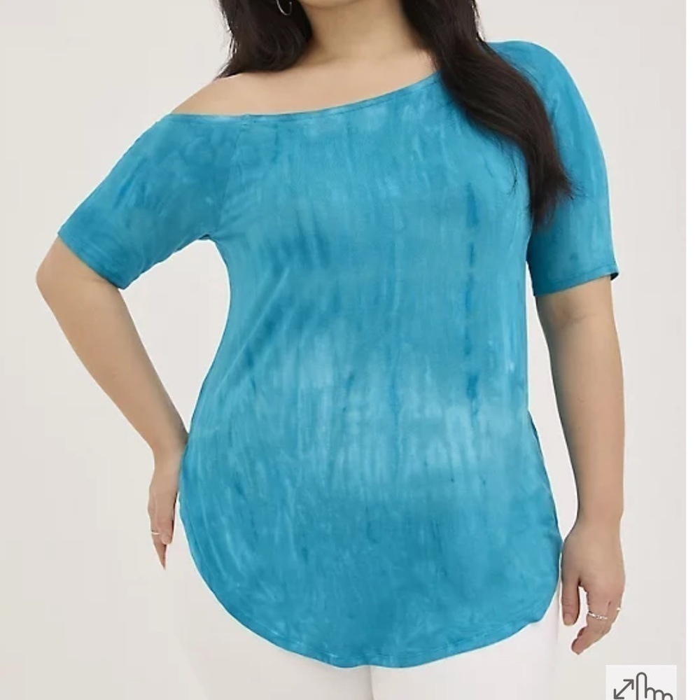 Torrid FAVORITE TUNIC OFF-SHOULDER SUPER SOFT SHORT SLEEVE TEE Blue Tie Dye - Picture 4 of 15